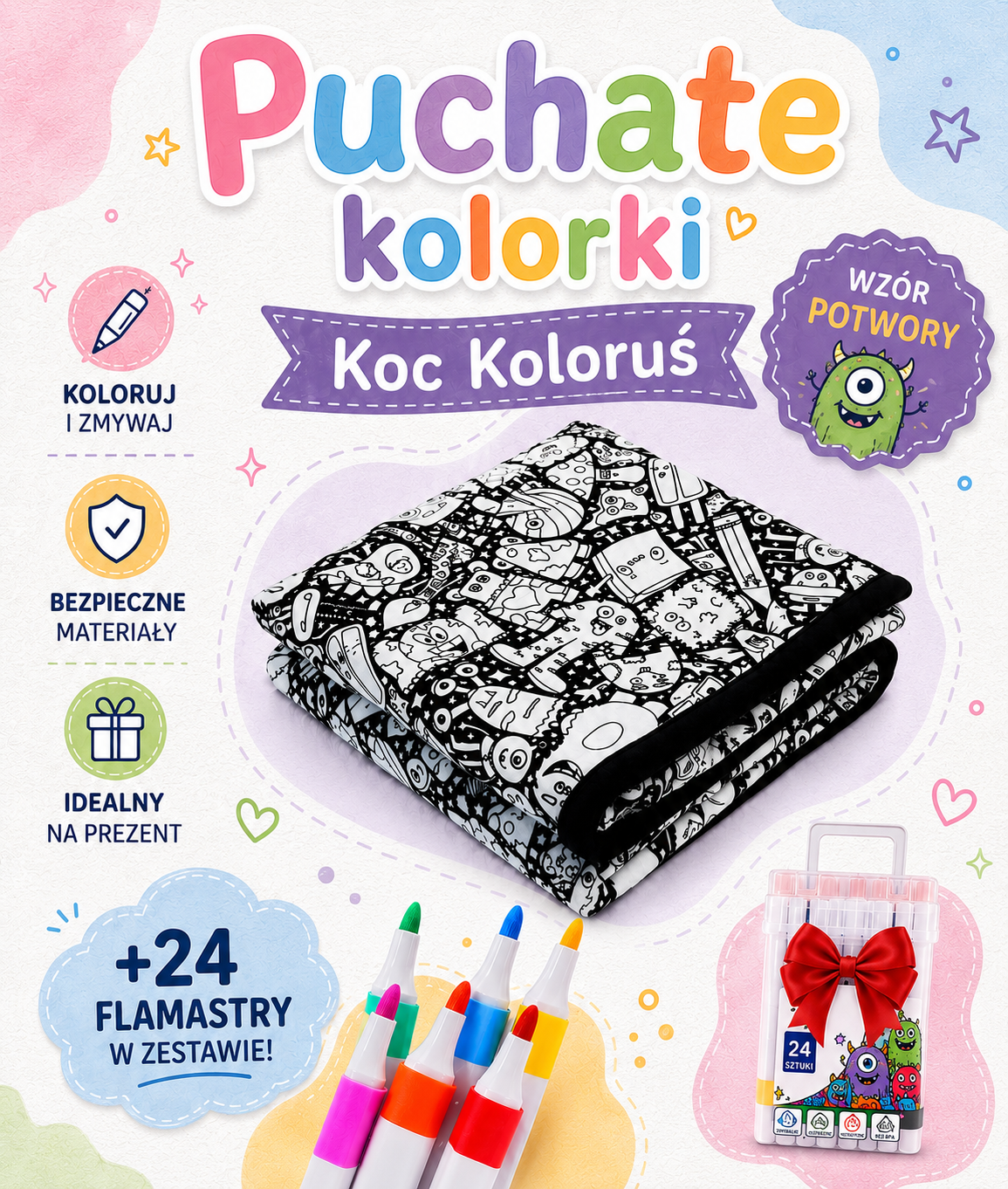 Koc Koloruś™- Kreatywny Kolorowanka (Koc+Flamastry)