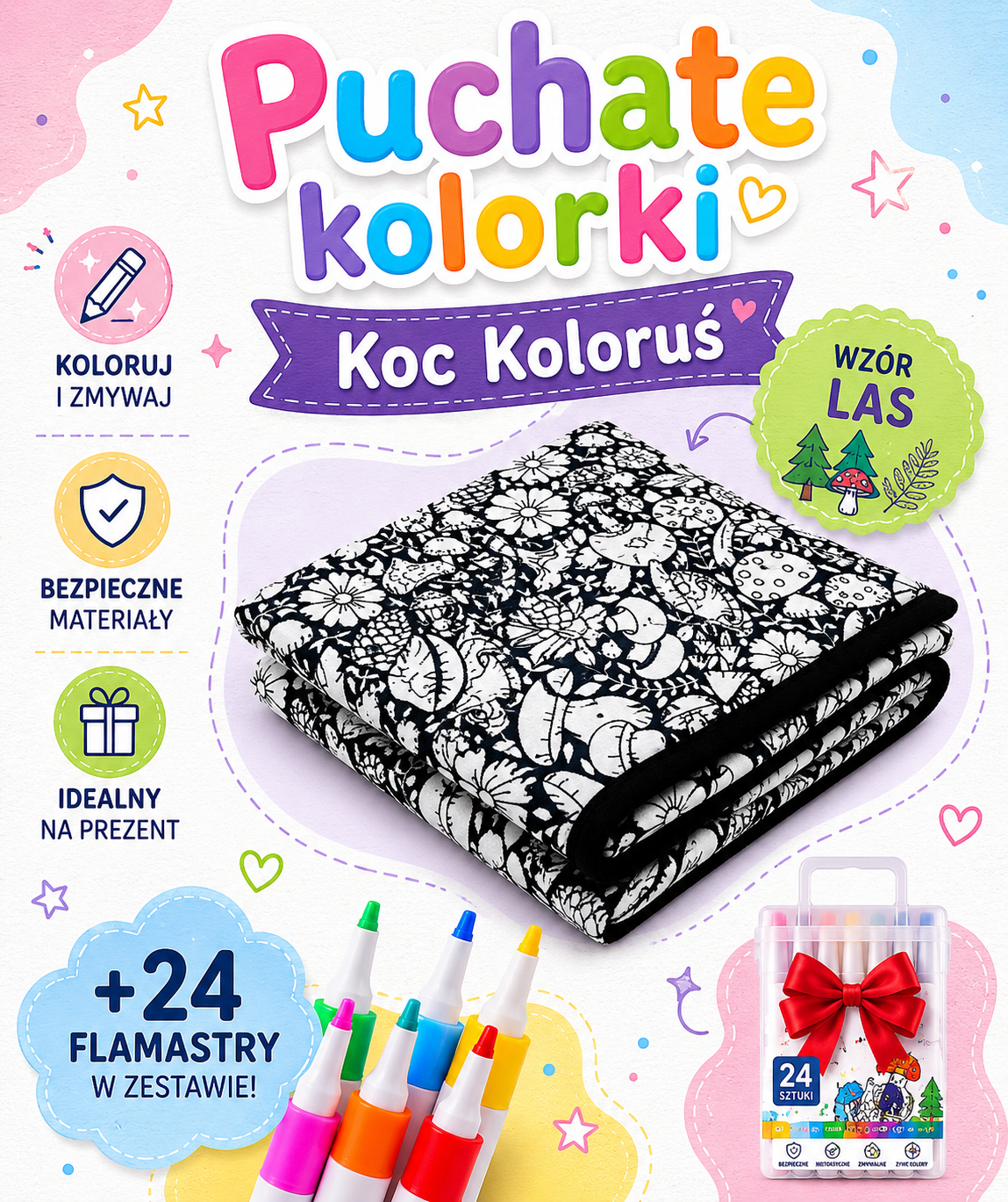 Koc Koloruś™- Kreatywny Kolorowanka (Koc+Flamastry)