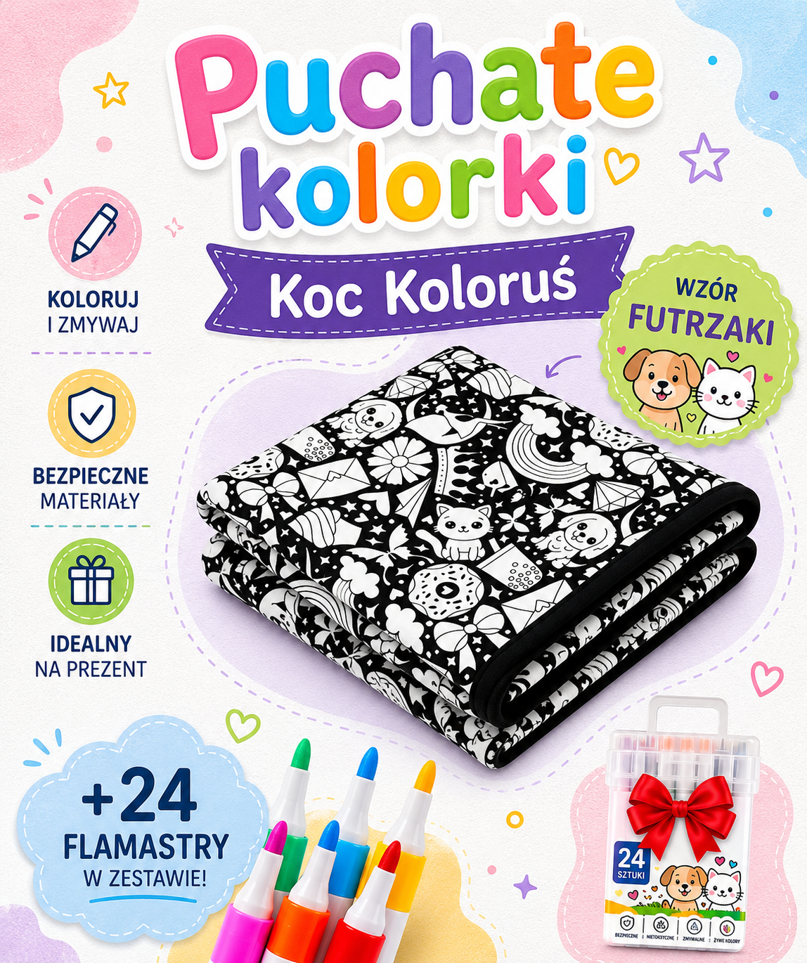 Koc Koloruś™- Kreatywny Kolorowanka (Koc+Flamastry)